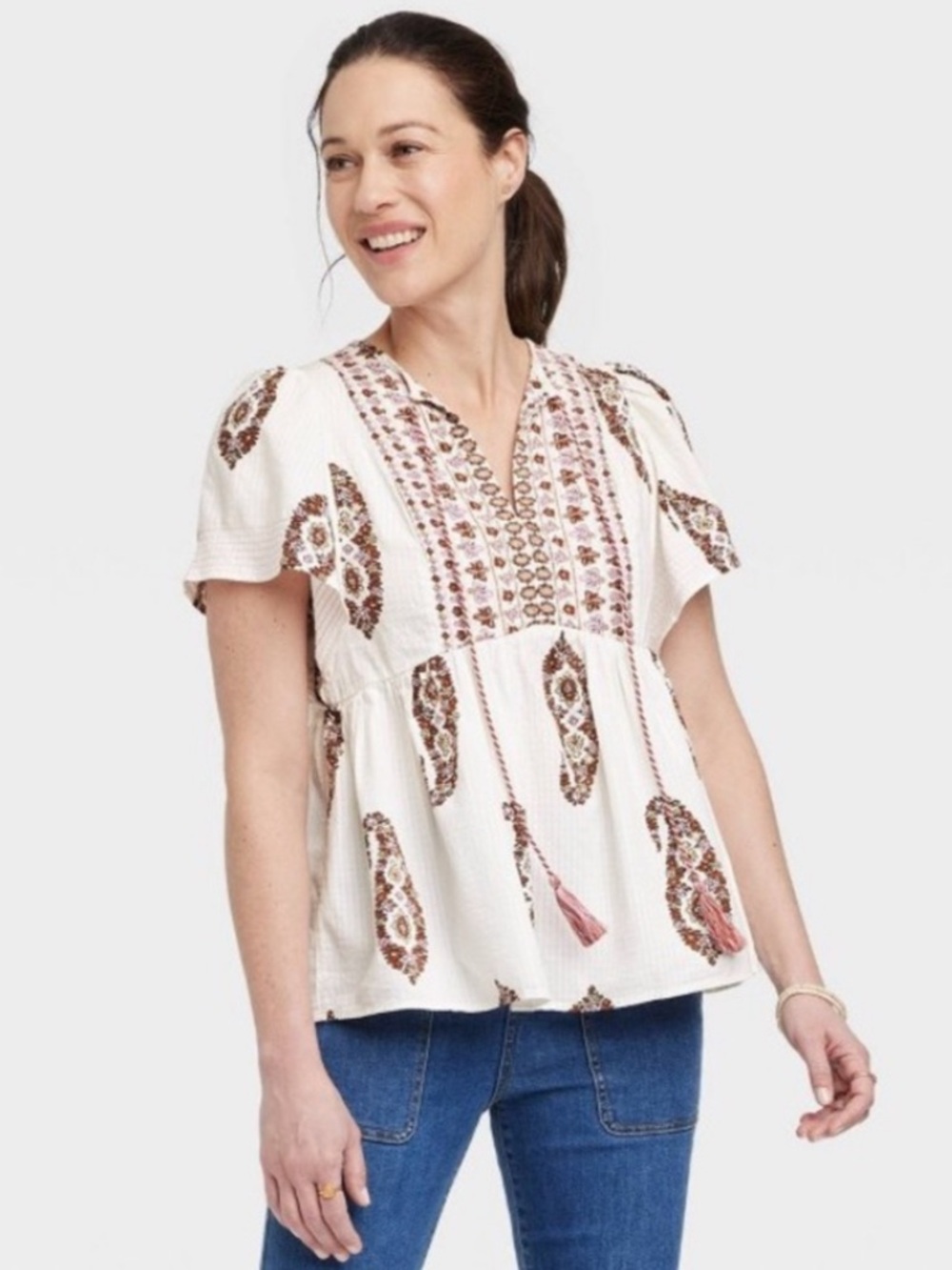 Knox Rose Paisley Boho Top Women’s XL Blouse Flutter Sleeves Festival Western